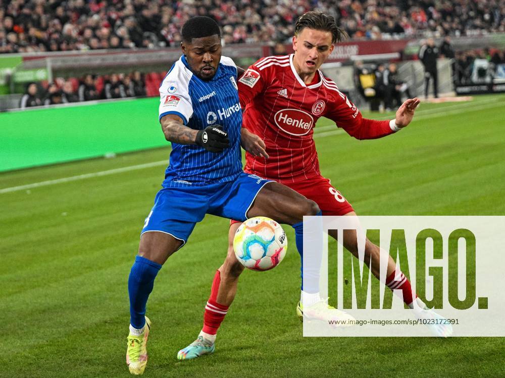 Moritz Broni Kwarteng 1 FC Magdeburg, 08 vs Michal Karbownik Fortuna Duesseldorf, 08 Fortuna Duesseldorf vs 1 FC Magdeburg, Football, 2 Bundesliga, 18 Spieltag, Saison 2022 2023, 27 01 2023 DFB DFL Regulations prohibit any use of Photographs as image sequences and or quasi video Fortuna Duesseldorf vs 1 FC Magdeburg, Football, 2 Bundesliga, 18 Spieltag, Saison 2022 2023, 27 01 2023 Duesseldorf
