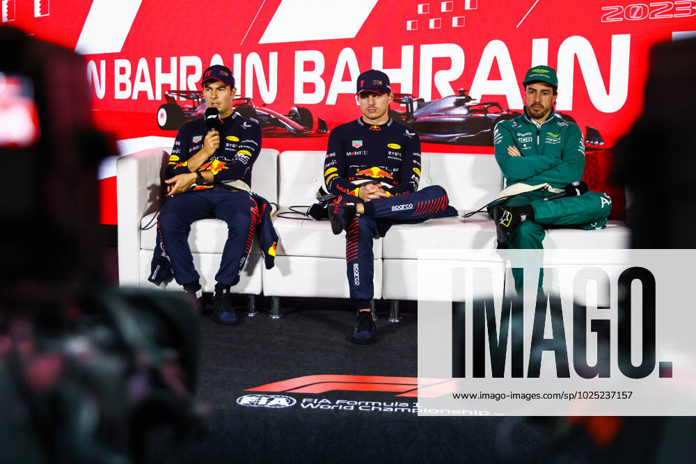 F1 Bahrain Grand Prix 2023 Max Verstappen of Red Bull Racing, Sergio Perez of Red Bull Racing and Fernando Alonso of Aston Martin attend the press conference, PK, Pressekonferenz after Bahrain Grand Prix of 2023 Formula One World Championship, WM, Weltmeisterschaft at Bahrain International Circuit on March 5, 2023 in Sakhir, Bahrain. Sakhir Bahrain