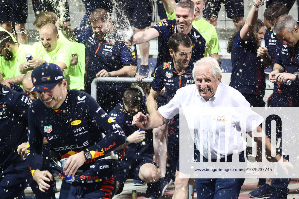 F1 Bahrain Grand Prix Max Verstappen and Helmut Marko celebrate with Red Bull Racing team after Formula 1 Bahrain Grand Prix at Bahrain International Circuit in Sakhir, Bahrain on March 5, 2023. Sakhir Bahrain
