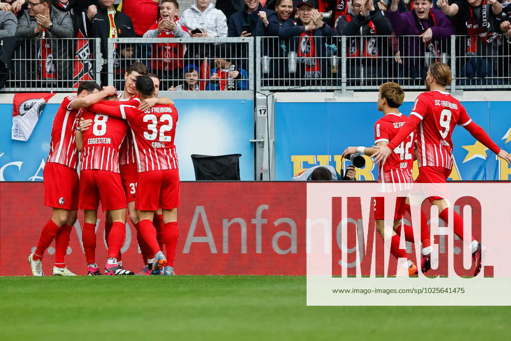 Goal celebration SC Freiburg at 1 0 by Maximilian Eggestein SC Freiburg, 08 , GER, SC Freiburg vs TSG 1899 Hoffenheim, Football, Bundesliga, 24 Matchday, Season 2022 2023, 12 03 2023 DFL REGULATES PROHIBIT ANY USE OF PHOTOGRAPHS AS IMAGE SEQUENCES AND OR QUASI VIDEO GER, SC Freiburg vs TSG 1899 Hoffenheim, Football, Bundesliga, 24 Matchday, Season 2022 2023, 12 03 2023 Freiburg im Breisgau