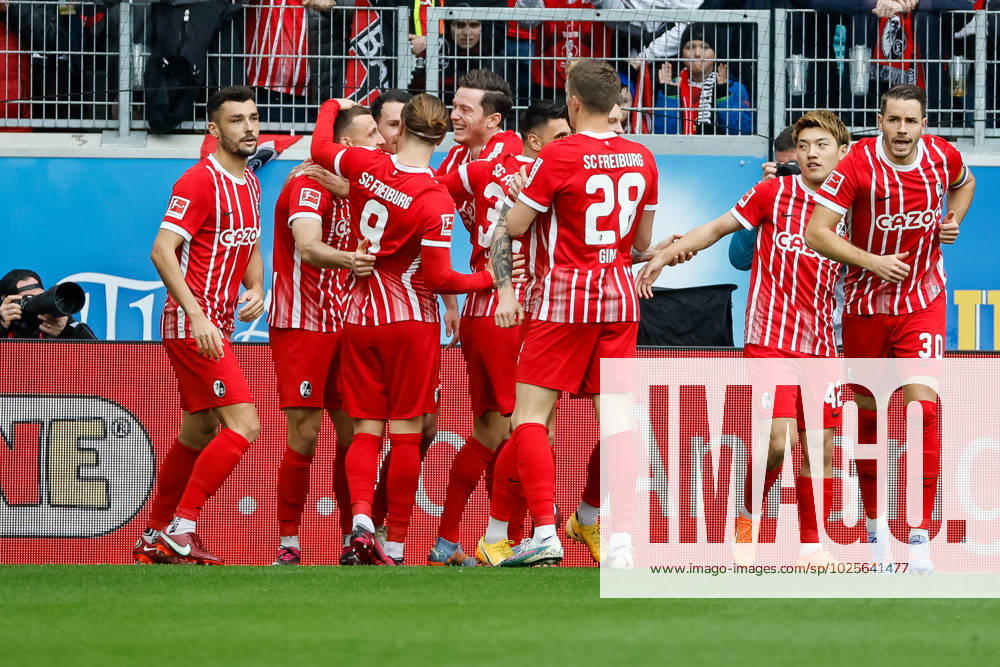 Goal celebration SC Freiburg at 1 0 by Maximilian Eggestein SC Freiburg, 08 , GER, SC Freiburg vs TSG 1899 Hoffenheim, Football, Bundesliga, 24 Matchday, Season 2022 2023, 12 03 2023 DFL REGULATES PROHIBIT ANY USE OF PHOTOGRAPHS AS IMAGE SEQUENCES AND OR QUASI VIDEO GER, SC Freiburg vs TSG 1899 Hoffenheim, Football, Bundesliga, 24 Matchday, Season 2022 2023, 12 03 2023 Freiburg im Breisgau