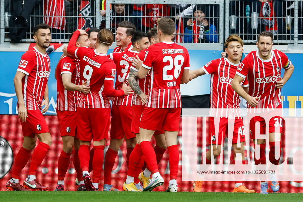 Goal celebration SC Freiburg at 1 0 by Maximilian Eggestein SC Freiburg, 08 , GER, SC Freiburg vs TSG 1899 Hoffenheim, Football, Bundesliga, 24 Matchday, Season 2022 2023, 12 03 2023 DFL REGULATES PROHIBIT ANY USE OF PHOTOGRAPHS AS IMAGE SEQUENCES AND OR QUASI VIDEO GER, SC Freiburg vs TSG 1899 Hoffenheim, Football, Bundesliga, 24 Matchday, Season 2022 2023, 12 03 2023 Freiburg im Breisgau