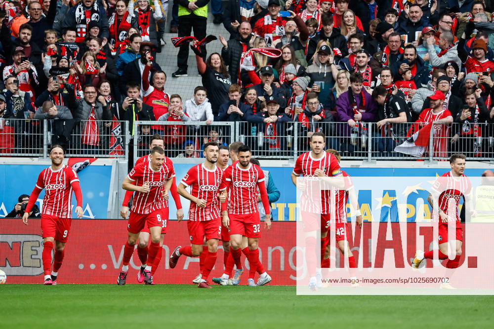 Goal celebration SC Freiburg at 1 0 by Maximilian Eggestein SC Freiburg, 08 , GER, SC Freiburg vs TSG 1899 Hoffenheim, Football, Bundesliga, 24 Matchday, Season 2022 2023, 12 03 2023 DFL REGULATES PROHIBIT ANY USE OF PHOTOGRAPHS AS IMAGE SEQUENCES AND OR QUASI VIDEO GER, SC Freiburg vs TSG 1899 Hoffenheim, Football, Bundesliga, 24 Matchday, Season 2022 2023, 12 03 2023 Freiburg im Breisgau