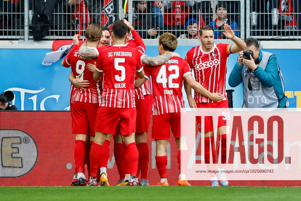 Goal celebration SC Freiburg at 1 0 by Maximilian Eggestein SC Freiburg, 08 , GER, SC Freiburg vs TSG 1899 Hoffenheim, Football, Bundesliga, 24 Matchday, Season 2022 2023, 12 03 2023 DFL REGULATES PROHIBIT ANY USE OF PHOTOGRAPHS AS IMAGE SEQUENCES AND OR QUASI VIDEO GER, SC Freiburg vs TSG 1899 Hoffenheim, Football, Bundesliga, 24 Matchday, Season 2022 2023, 12 03 2023 Freiburg im Breisgau