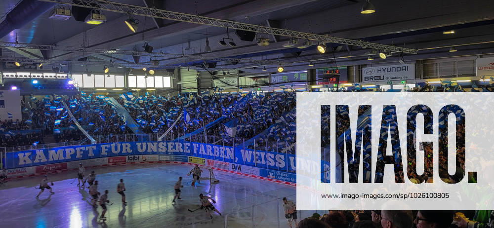Straubing Tigers vs Grizzlys Wolfsburg, ice hockey, German Ice Hockey League, Penny DEL, 3 matchday playoffs quarterfinals, season 2022 2023, 19 03 2023 Choreo of the fans Straubing Tigers , ice hockey men, German Ice Hockey League, Penny DEL, 3 matchday playoffs quarterfinals, season 2022 2022 on 19 03 2023 at the Eisstadion am Pulverturm, Straubing Tigers blue vs Grizzlys Wolfsburg white