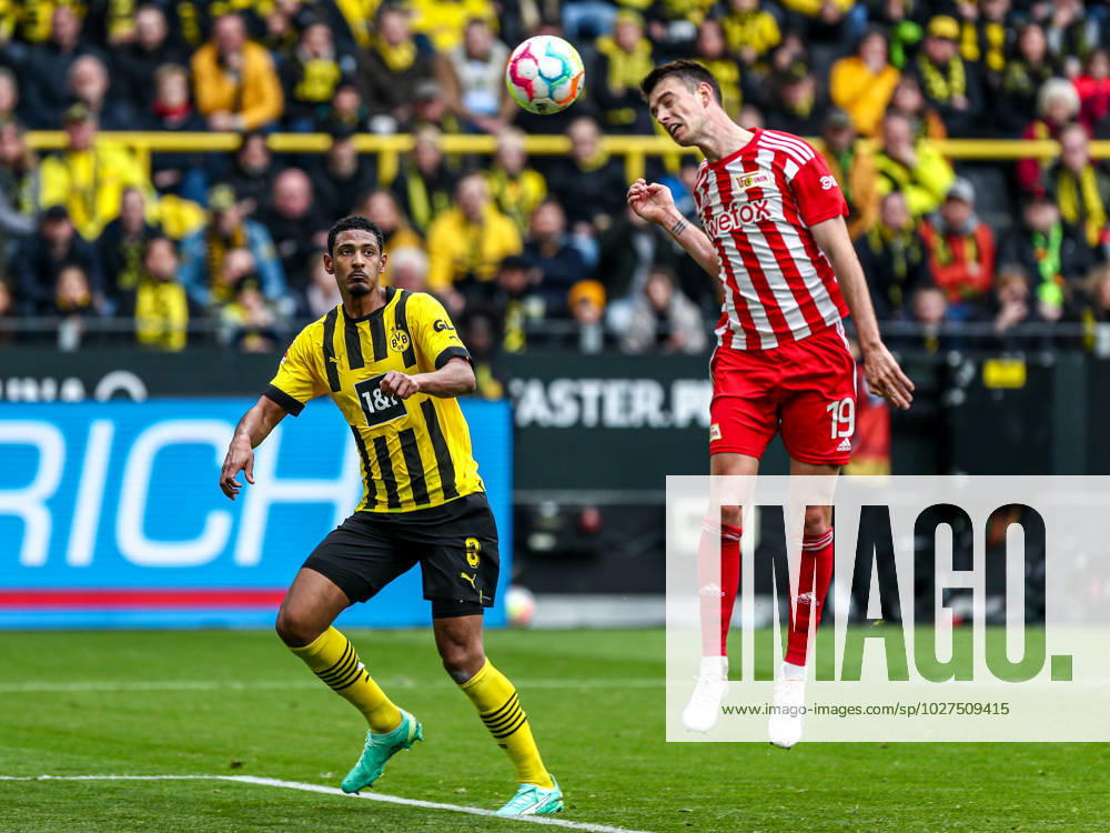 Janik Haberer FC Union Berlin, 19 in duel against Sebastien Haller Borussia Dortmund BVB, 09 , GER, Borussia Dortmund BVB vs FC Union Berlin, Football, 1 Bundesliga, 27 Spieltag, Spielzeit 2022 2023, 08 04 2023, DFB DFL regulations prohibit any use of photographs as image sequences and or quasi video , GER, Borussia Dortmund BVB vs FC Union Berlin, Football, 1 Bundesliga, 27 Spieltag, Spielzeit 2022 2023, 08 04 2023, DFB DFL regulations prohibit any use of photographs as image sequences and or quasi video , Foto Eibner Pressefoto Gabriel Boia Dortmund