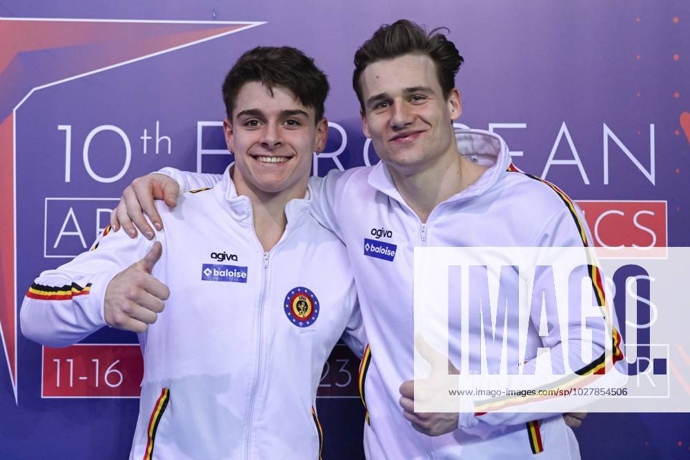 Belgian gymnast Victor Martinez Marechal and Belgian gymnast Luka Van den Keybus pose for the photographer at the men all around final, on the third day of the European Championships Gymanstics in Antalya, Turkey, Thursday 13 April 2023. The EC are taking place from 11 to 16 April 2023. LAURIExDIEFFEMBACQ x64660160x