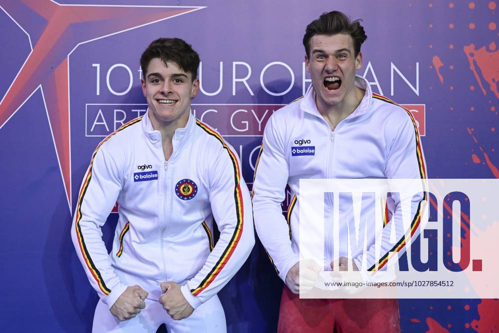 Belgian gymnast Victor Martinez Marechal and Belgian gymnast Luka Van den Keybus pose for the photographer at the men all around final, on the third day of the European Championships Gymanstics in Antalya, Turkey, Thursday 13 April 2023. The EC are taking place from 11 to 16 April 2023. LAURIExDIEFFEMBACQ x64660174x