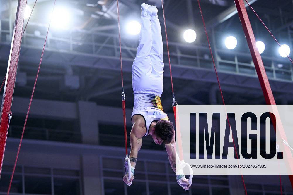 Belgian gymnast Victor Martinez Marechal pictured in action during the sixth and last rotation, the rings, in the men all around final, on the third day of the European Championships Gymanstics in Antalya, Turkey, Thursday 13 April 2023. The EC are taking place from 11 to 16 April 2023. LAURIExDIEFFEMBACQ x64663861x