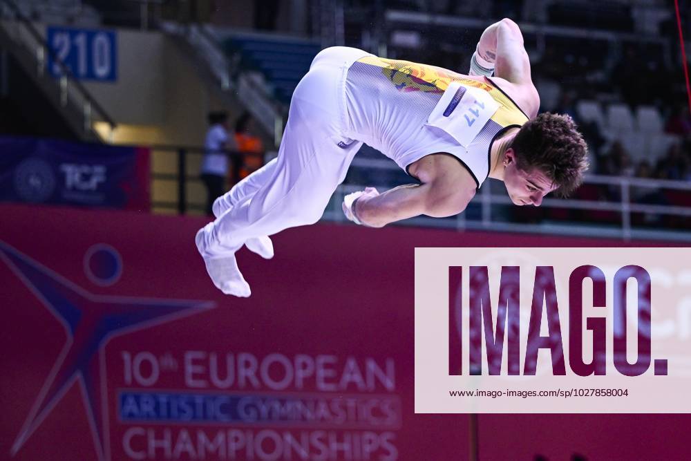 Belgian gymnast Victor Martinez Marechal pictured during his dismount during the sixth and last rotation, the rings, in the men all around final, on the third day of the European Championships Gymanstics in Antalya, Turkey, Thursday 13 April 2023. The EC are taking place from 11 to 16 April 2023. LAURIExDIEFFEMBACQ x64663866x