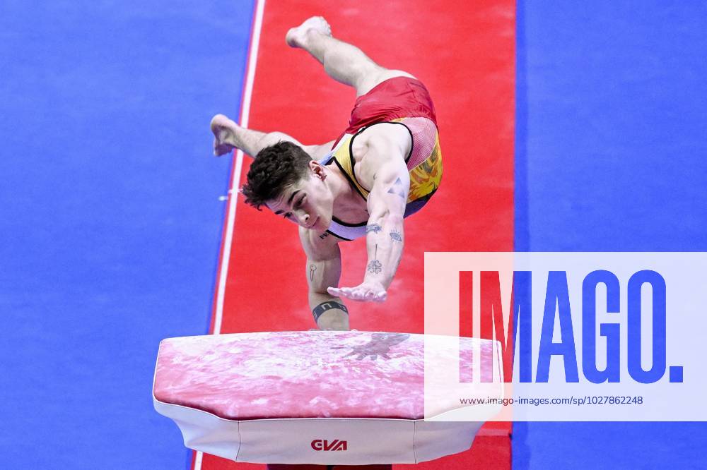 Belgian gymnast Victor Martinez Marechal pictured in action during the first rotation, the vault, in the men all around final, on the third day of the European Championships Gymanstics in Antalya, Turkey, Thursday 13 April 2023. The EC are taking place from 11 to 16 April 2023. LAURIExDIEFFEMBACQ x64667193x