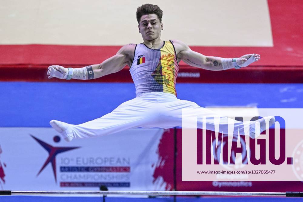 Belgian gymnast Victor Martinez Marechal pictured in action during the third rotation, the high bar, in the men all around final, on the third day of the European Championships Gymanstics in Antalya, Turkey, Thursday 13 April 2023. The EC are taking place from 11 to 16 April 2023. LAURIExDIEFFEMBACQ x64670193x