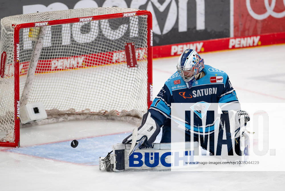 Jonas Stettmer goalie, ERC Ingolstadt Panther, 1 defends a puck ERC Ingolstadt vs EHC Red Bull Muenchen, ice hockey, DEL, playoffs, final game 2, season 2022 2023, 16 04 2023 ERC Ingolstadt vs EHC Red Bull Muenchen, ice hockey, DEL, playoffs, final game 2, season 2022 2023, 16 04 2023 Ingolstadt