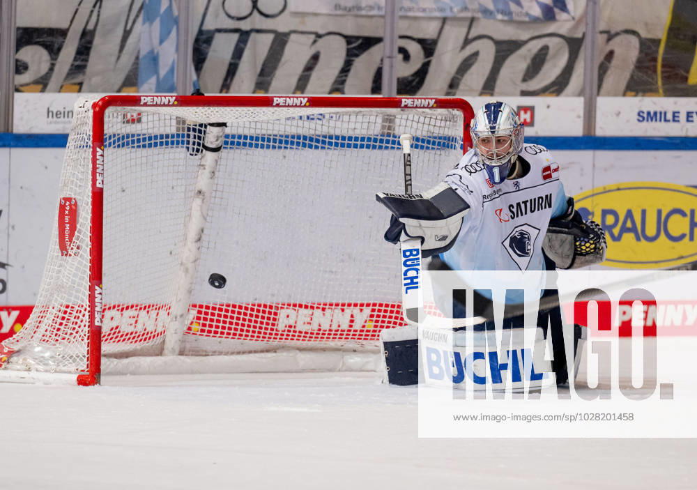 Jonas Stettmer goalie, ERC Ingolstadt Panther, 1 defends a puck EHC Red Bull Muenchen vs ERC Ingolstadt, ice hockey, DEL, playoffs, final game 3, season 2022 2023, 18 04 2023 EHC Red Bull Muenchen vs ERC Ingolstadt, ice hockey, DEL, playoffs, final game 3, season 2022 2023, 18 04 2023 Muenchen