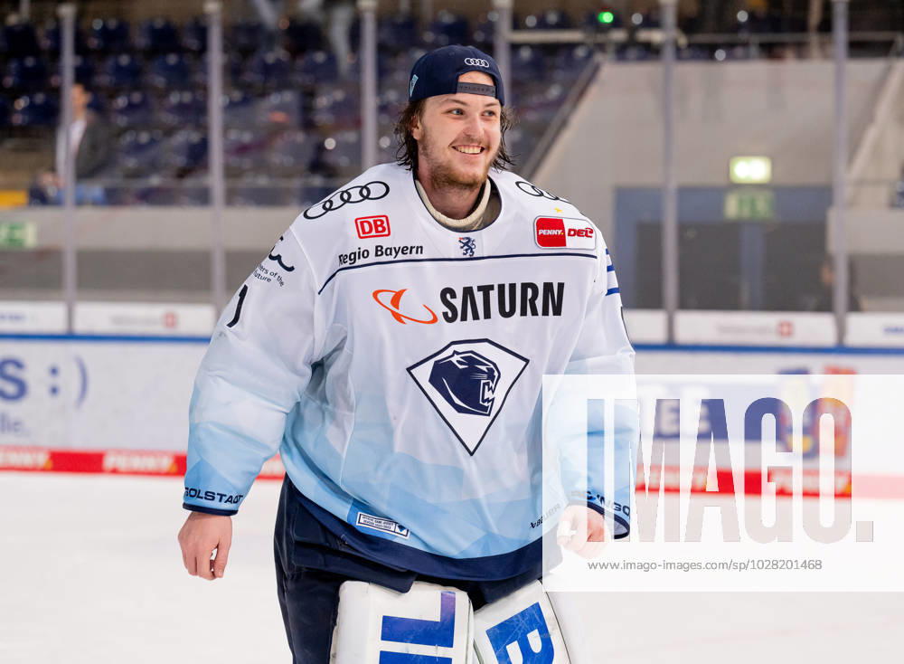 Jonas Stettmer goalie, ERC Ingolstadt Panther, 1 beams after winning EHC Red Bull Muenchen vs ERC Ingolstadt, ice hockey, DEL, playoffs, final game 3, season 2022 2023, 18 04 2023 EHC Red Bull Muenchen vs ERC Ingolstadt, ice hockey, DEL, playoffs, final game 3, season 2022 2023, 18 04 2023 Muenchen