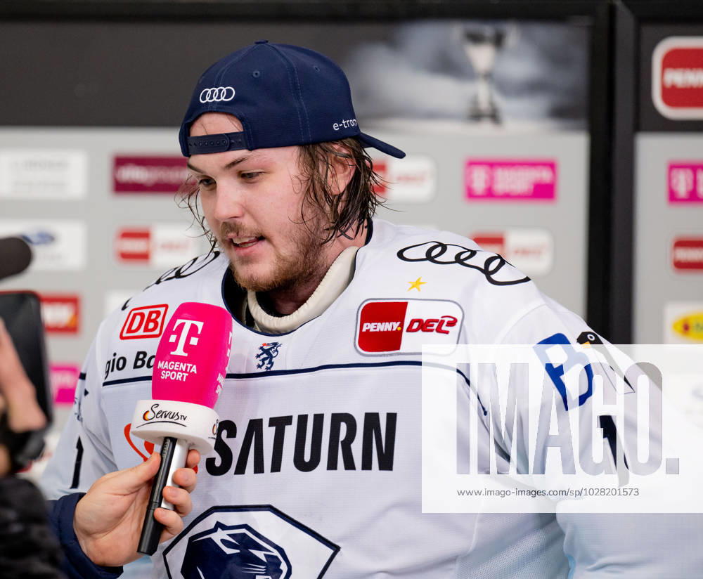 Jonas Stettmer goalie, ERC Ingolstadt Panther, 1 during TV interview with Magenta Sport after the win EHC Red Bull Muenchen vs ERC Ingolstadt, ice hockey, DEL, playoffs, final game 3, season 2022 2023, 18 04 2023 EHC Red Bull Muenchen vs ERC Ingolstadt, ice hockey, DEL, playoffs, final game 3, season 2022 2023, 18 04 2023 Muenchen