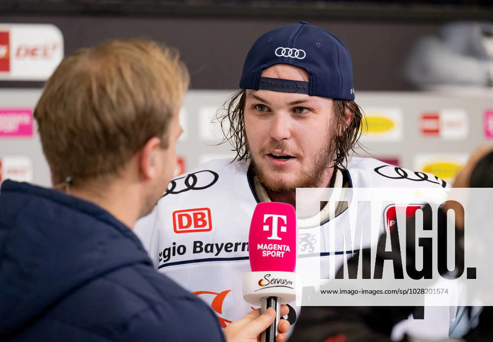Jonas Stettmer goalie, ERC Ingolstadt Panther, 1 during TV interview with Magenta Sport after the win EHC Red Bull Muenchen vs ERC Ingolstadt, ice hockey, DEL, playoffs, final game 3, season 2022 2023, 18 04 2023 EHC Red Bull Muenchen vs ERC Ingolstadt, ice hockey, DEL, playoffs, final game 3, season 2022 2023, 18 04 2023 Muenchen