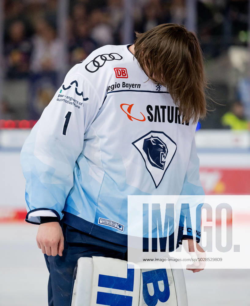 Jonas Stettmer goalie, ERC Ingolstadt Panther, 1 in the Starting Six EHC Red Bull Muenchen vs ERC Ingolstadt, ice hockey, DEL, playoffs, final game 5, season 2022 2023, 23 04 2023 EHC Red Bull Muenchen vs ERC Ingolstadt, ice hockey, DEL, playoffs, final game 5, season 2022 2023, 23 04 2023 Muenchen