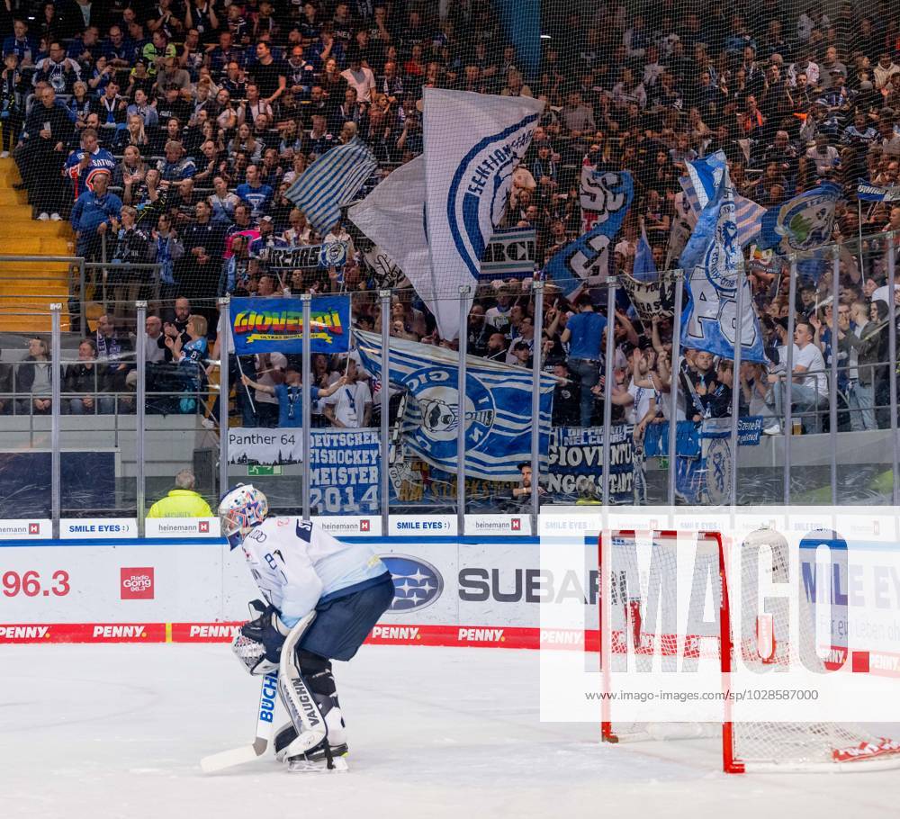 Jonas Stettmer goalie, ERC Ingolstadt Panther, 1 in front of Ingolstadt fan block EHC Red Bull Muenchen vs ERC Ingolstadt, ice hockey, DEL, playoffs, final game 5, season 2022 2023, 23 04 2023 EHC Red Bull Muenchen vs ERC Ingolstadt, ice hockey, DEL, playoffs, final game 5, season 2022 2023, 23 04 2023 Muenchen
