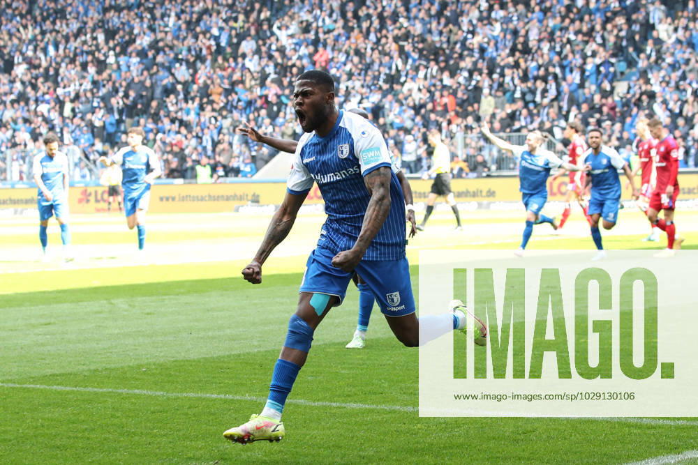 Goal celebration scorer Moritz Broni Kwarteng 1 FC Magdeburg,8 hits to 1 0 2 Football Bundesliga season 2022 2023 1 FC Magdeburg vs Hamburger SV in the MDCC Arena in Magdeburg action,soccer,man,men,Germany