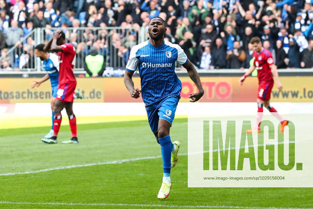 Goal celebration scorer Moritz Broni Kwarteng 1 FC Magdeburg,8 hits to 1 0 2 Football Bundesliga season 2022 2023 1 FC Magdeburg vs Hamburger SV in the MDCC Arena in Magdeburg action,soccer,man,men,Germany