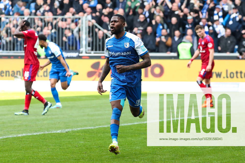 Goal celebration scorer Moritz Broni Kwarteng 1 FC Magdeburg,8 hits to 1 0 2 Football Bundesliga season 2022 2023 1 FC Magdeburg vs Hamburger SV in the MDCC Arena in Magdeburg action,soccer,man,men,Germany
