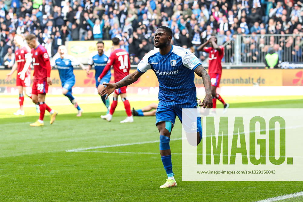 Goal celebration scorer Moritz Broni Kwarteng 1 FC Magdeburg,8 hits to 1 0 2 Football Bundesliga season 2022 2023 1 FC Magdeburg vs Hamburger SV in the MDCC Arena in Magdeburg action,soccer,man,men,Germany