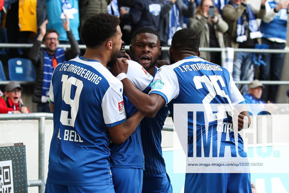 Goal celebration scorer Moritz Broni Kwarteng 1 FC Magdeburg,8 hits to 1 0 2 Football Bundesliga season 2022 2023 1 FC Magdeburg vs Hamburger SV in the MDCC Arena in Magdeburg action,soccer,man,men,Germany
