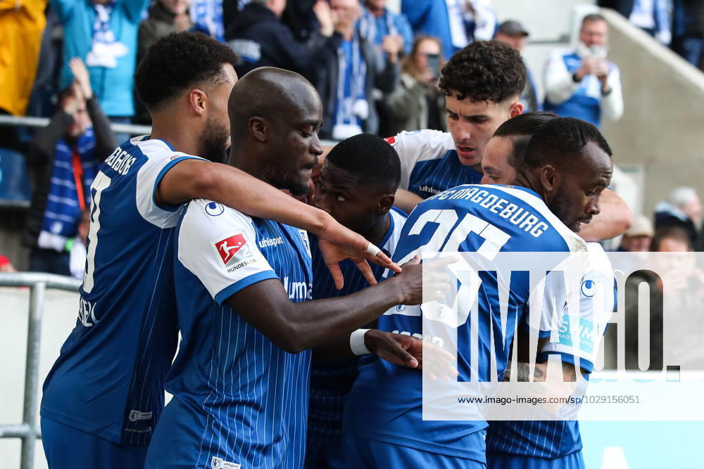 Goal celebration scorer Moritz Broni Kwarteng 1 FC Magdeburg,8 hits to 1 0 2 Football Bundesliga season 2022 2023 1 FC Magdeburg vs Hamburger SV in the MDCC Arena in Magdeburg action,soccer,man,men,Germany