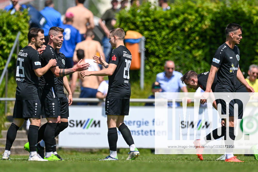 Ansbach player with goal celebration, cheering, goal celebration, celebrate the goal, goal, celebration, cheering about the goal to 0 2 by Bastian Herzner Ansbach, 23 2 v li , optimistic, action, action, 27 05 2023, Heimstetten Germany , Football, Regionalliga Bayern, SV Heimstetten SpVgg Ansbach