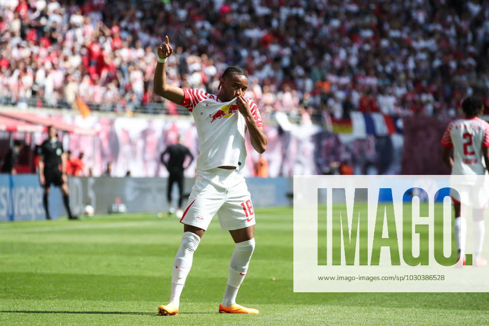 Goal celebration scorer Christopher Nkunku RB Leipzig,18 scores 2 0 1 Football Bundesliga season 2022 2023 point game RB Leipzig vs FC Schalke 04 at Red Bull Arena in Leipzig action,football,Germany,man,men