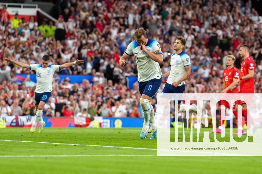 Harry Kane (9) of England celebrates after he scores his second goal (Penalty) during the UEFA EURO, EM, Europameisterschaft,Fussball Group C Qualifiers match between England and North Macedonia at Old Trafford, Manchester, England on 19 June 2023.