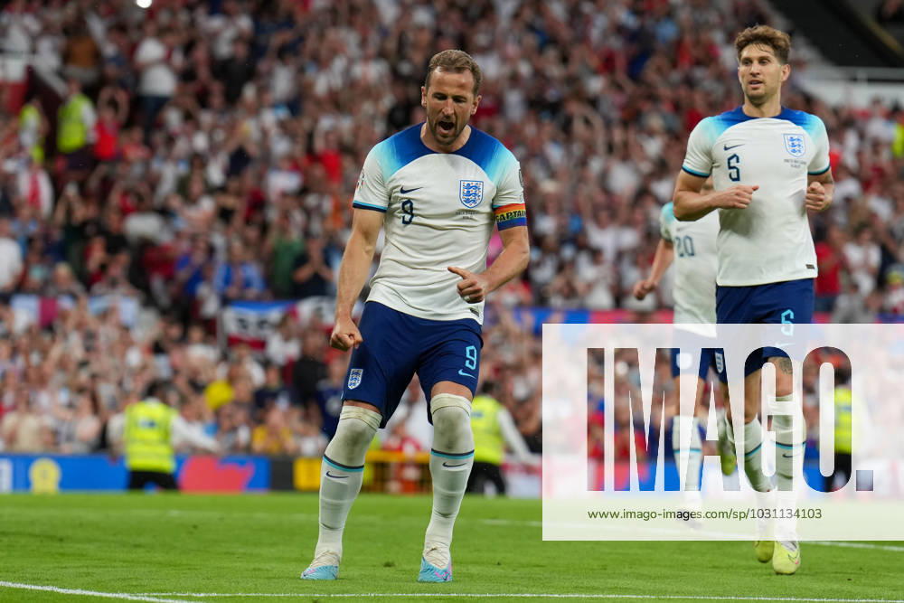 Harry Kane (9) of England celebrates after he scores his second goal (Penalty) during the UEFA EURO, EM, Europameisterschaft,Fussball Group C Qualifiers match between England and North Macedonia at Old Trafford, Manchester, England on 19 June 2023.