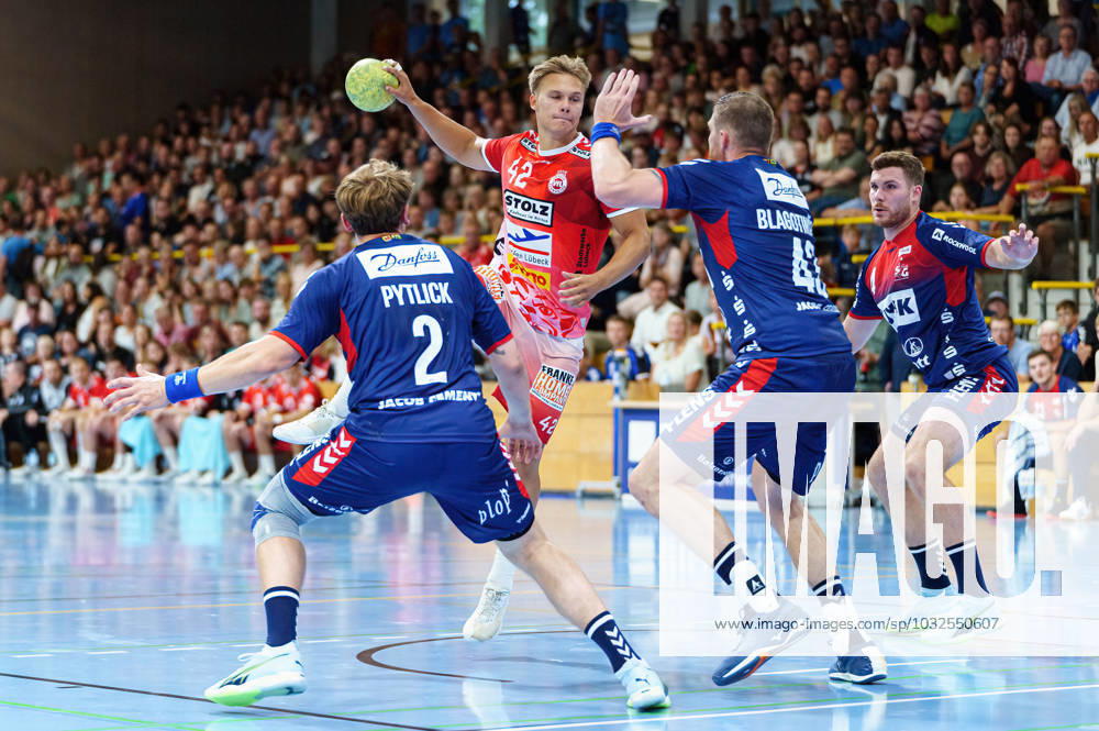 Simon Pytlick SG Flensburg Handewitt, 02 , Einar Nickelsen VfL Luebeck Schwartau, 42 , Blaz Blagotinsek SG Flensburg Handewitt, 43 , Johannes Golla SG Flensburg Handewitt, 04 VfL Luebeck Schwartau vs SG Flensburg Handewitt, handball, test match, season 2023 2024, 26 07 2023 VfL Luebeck Schwartau vs SG Flensburg Handewitt, handball, test match, season 2023 2024, 26 07 2023 Luebeck.