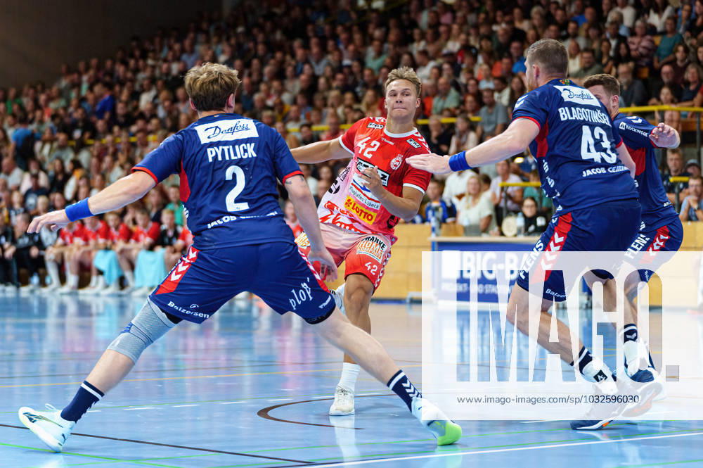 Simon Pytlick SG Flensburg Handewitt, 02 , Einar Nickelsen VfL Luebeck Schwartau, 42 , Blaz Blagotinsek SG Flensburg Handewitt, 43 VfL Luebeck Schwartau vs SG Flensburg Handewitt, handball, test match, 2023 2024 season, 26 07 2023 VfL Luebeck Schwartau vs SG Flensburg Handewitt, handball, test match, 2023 2024 season, 26 07 2023 Luebeck.