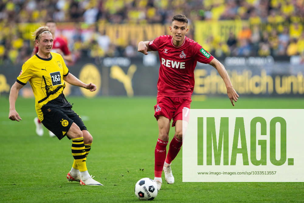 1 Bundesliga, 1 Matchday Borussia Dortmund 1 FC Koeln, Dortmund, Signal Iduna Park, 19 08 2023 Duel Dejan Ljubicic 1 FC Koeln, 7 , Julian Brandt Borussia Dortmund, 19 1 Bundesliga, 1 Matchday Borussia Dortmund 1 FC Koeln, Dortmund, Signal Iduna Park, 19 08 2023 DFL Regulations prohibit any of use of photographs as image sequences and quasi video