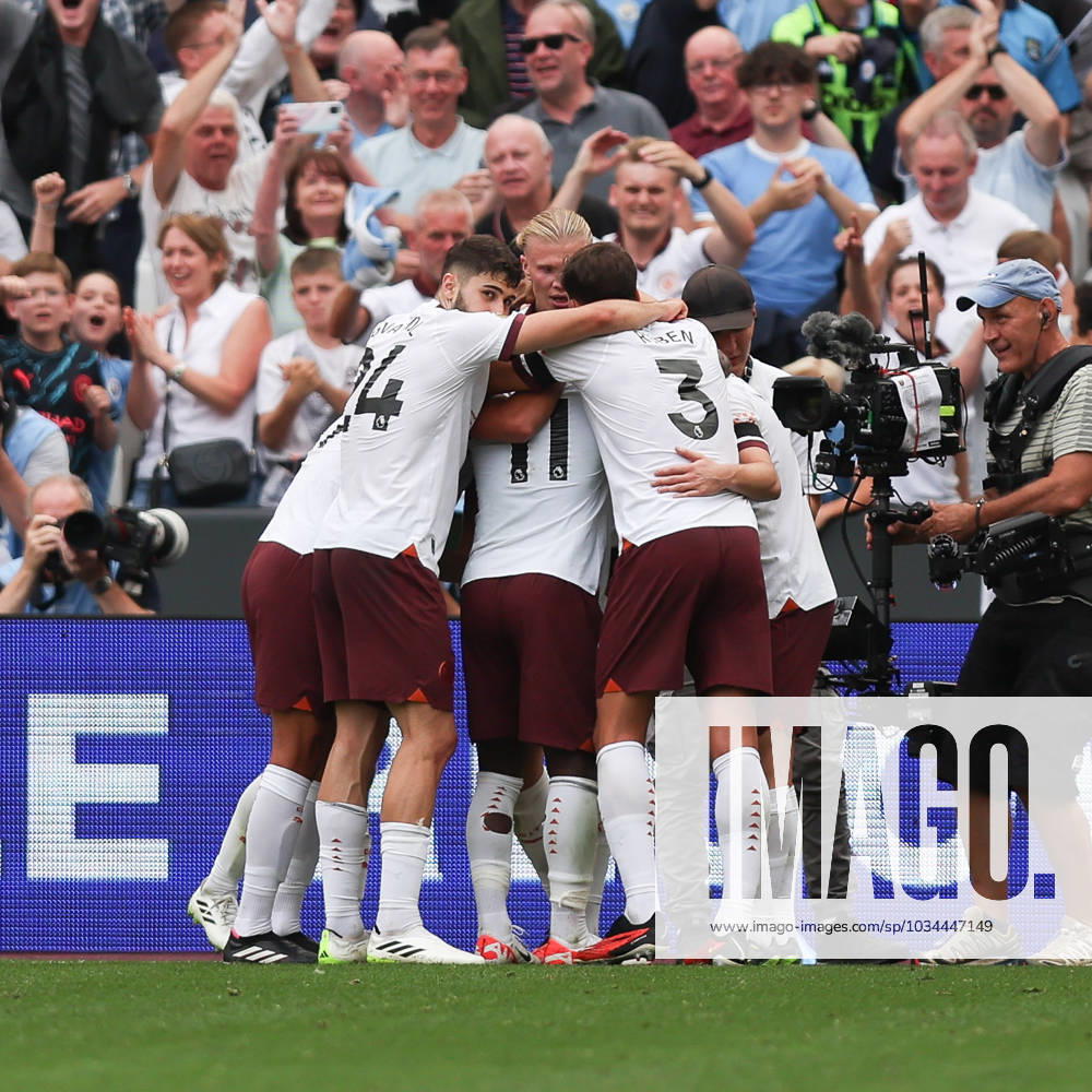 Erling Haland of Manchester City scores to make it 1-3 and celebrates during the Premier League match between West Ham United and Manchester City at the London Stadium, Queen Elizabeth Olympic Park , London, England on 16 September 2023.
