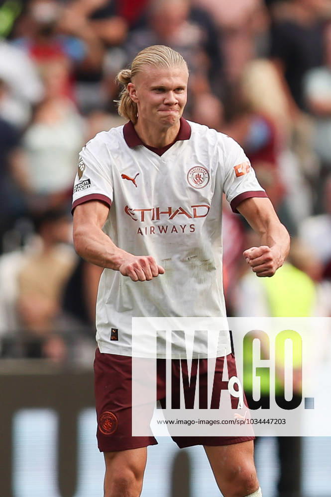 Erling Haland of Manchester City scores to make it 1-3 and celebrates during the Premier League match between West Ham United and Manchester City at the London Stadium, Queen Elizabeth Olympic Park , London, England on 16 September 2023.