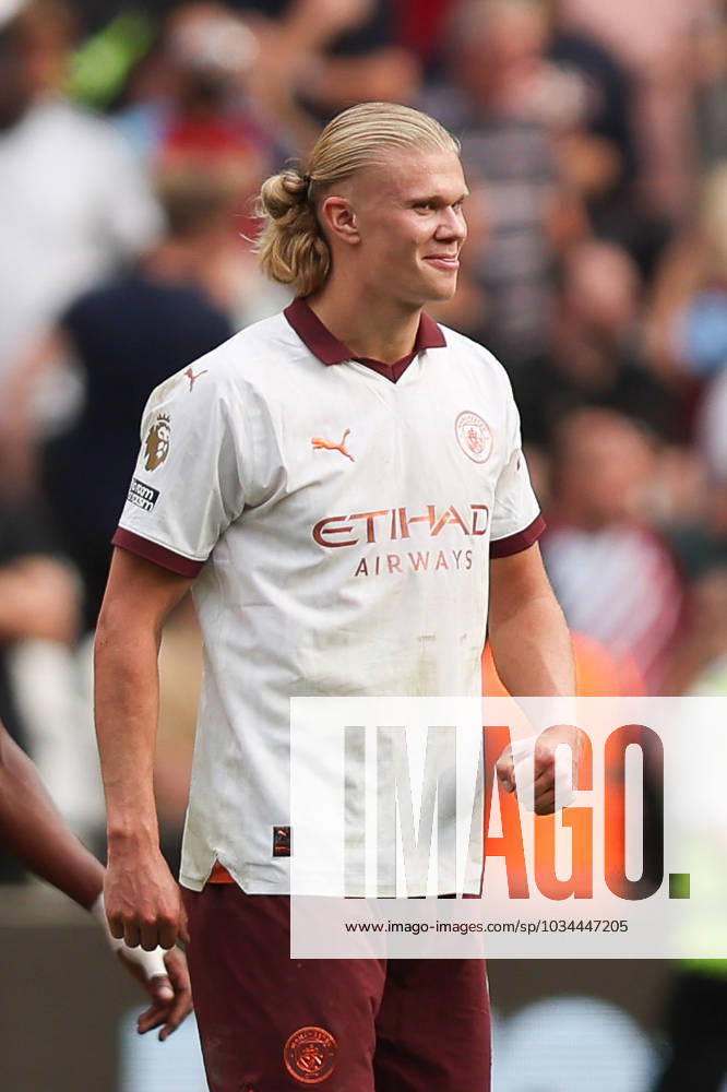 Erling Haland of Manchester City scores to make it 1-3 and celebrates during the Premier League match between West Ham United and Manchester City at the London Stadium, Queen Elizabeth Olympic Park , London, England on 16 September 2023.