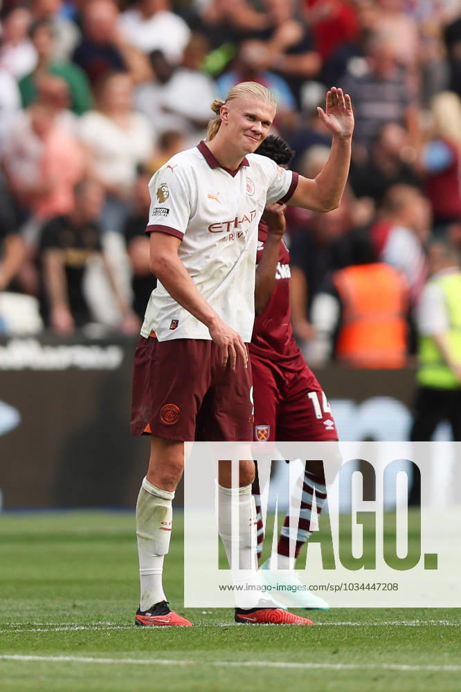 Erling Haland of Manchester City scores to make it 1-3 and celebrates during the Premier League match between West Ham United and Manchester City at the London Stadium, Queen Elizabeth Olympic Park , London, England on 16 September 2023.