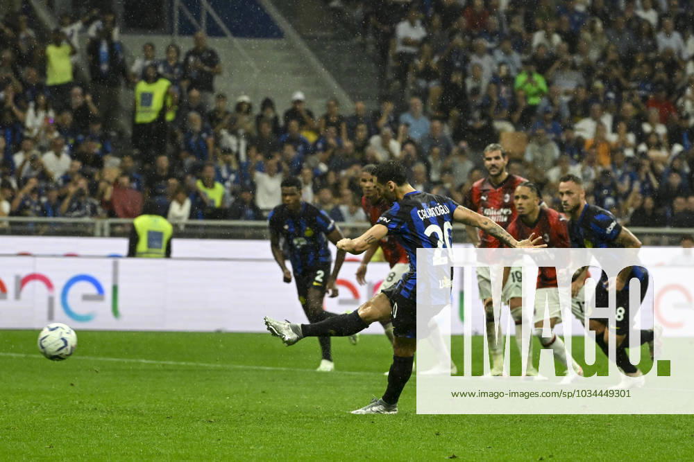 Hakan Calhanoglu of FC Internazionale scores on penalty the goal of 4-1 during the Serie A football match between FC Internazionale and AC Milan at San Sirostadium stadium in Milan (Italy), September 16th, 2023. andreaxstaccioli