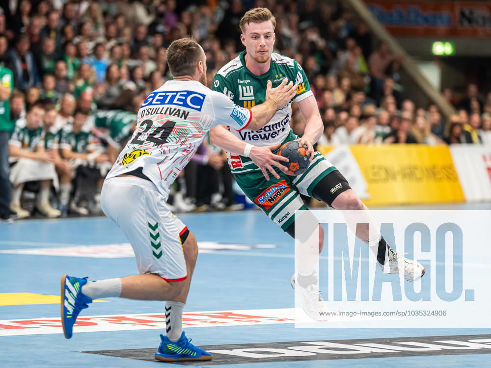 Erik Persson Frisch Auf Goeppingen, 22 in duel with Christian O Sullivan SC Magdeburg, 24 , Frisch Auf Goeppingen vs SC Magdeburg, 1 Bundesliga, Handball, Men, 07 10 2023 Frisch Auf Goeppingen vs SC Magdeburg, 1 Bundesliga, Handball, Men, 07 10 2023 Goeppingen