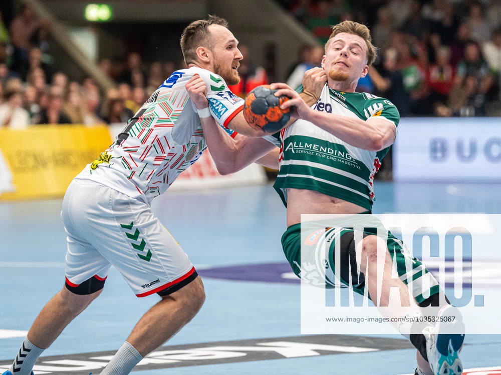 Erik Persson Frisch Auf Goeppingen, 22 in duel with Christian O Sullivan SC Magdeburg, 24 , Frisch Auf Goeppingen vs SC Magdeburg, 1 Bundesliga, Handball, Men, 07 10 2023 Frisch Auf Goeppingen vs SC Magdeburg, 1 Bundesliga, Handball, Men, 07 10 2023 Goeppingen