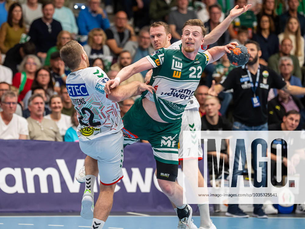 Erik Persson Frisch Auf Goeppingen, 22 in duel with Lukas Mertens SC Magdeburg, 22 , Frisch Auf Goeppingen vs SC Magdeburg, 1 Bundesliga, Handball, Men, 07 10 2023 Frisch Auf Goeppingen vs SC Magdeburg, 1 Bundesliga, Handball, Men, 07 10 2023 Goeppingen