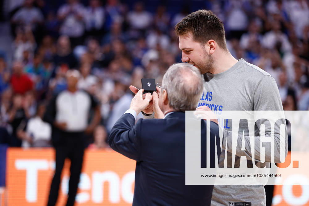 Florentino Perez, President of Real Madrid, gives a present to Luka Doncic of Dallas Mavericks during the basketball friendly match played between Real Madrid and Dallas Mavericks at Wizink Center pavilion on October 10, 2023, in Madrid, Spain. MADRID SPAIN - ZUMAa181 20231010_zaa_a181_035