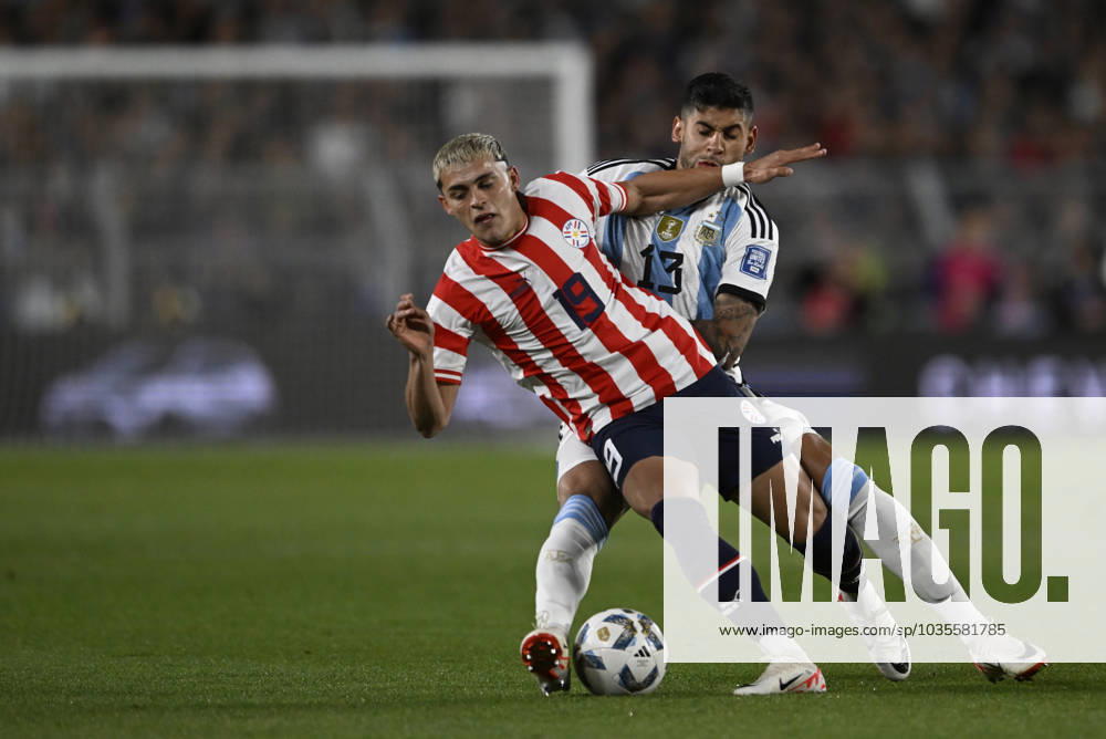 Cristian Romero of Argentina and Ramon Sosa of Paraguay in action during the FIFA World Cup, WM, Weltmeisterschaft, Fussball 2026 Qualifier match between Argentina and Paraguay at Estadio Mas Monumental Antonio Vespucio Liberti on October 12, 2023 in Buenos Aires, Arg Argentina v Paraguay : FIFA World Cup 2026 Qualifier match