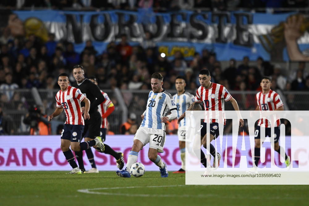 Alexis Mac Alliste of Argentina and Miguel Almiron of Paraguay during the FIFA World Cup, WM, Weltmeisterschaft, Fussball 2026 Qualifier match between Argentina and Paraguay at Estadio Mas Monumental Antonio Vespucio Liberti on October 12, 2023 in Buenos Aires, Arg Argentina v Paraguay : FIFA World Cup 2026 Qualifier match