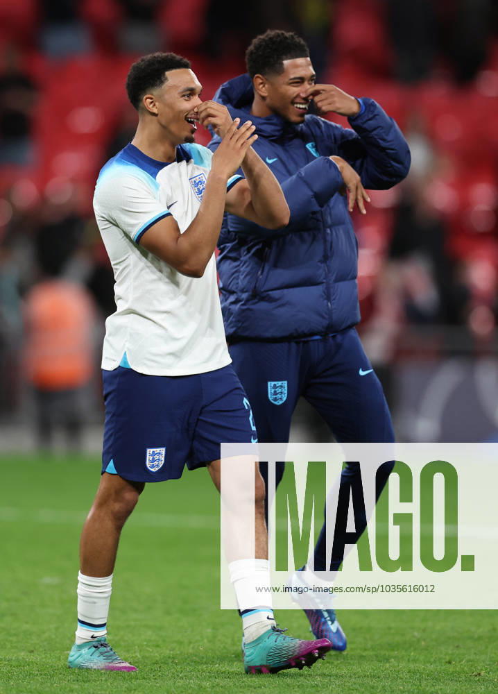London, England, 13th October 2023. Trent Alexander-Arnold of England and Jude Bellingham of England hold their noses as they walk off the pitch during the International Friendly, Länderspiel, Nationalmannschaft match at Wembley Stadium, London. Picture credit should read: David Klein Sportimage . SPI-2645-0074