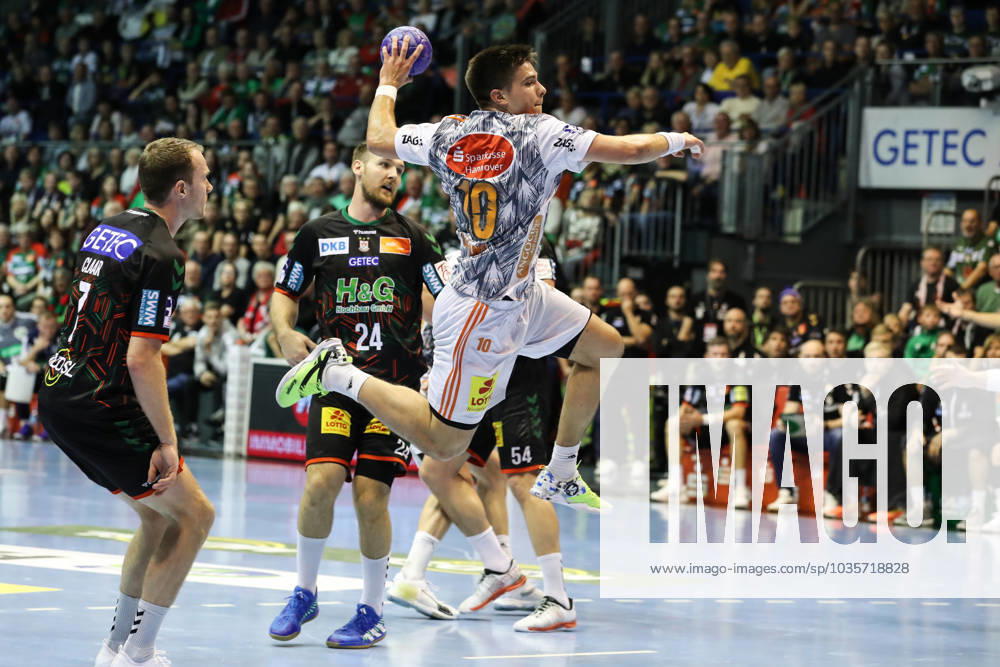 Renars Uscins TSV Hannover Burgdorf,10 Handball Bundesliga Season 2023 2024 SC Magdeburg vs TSV Hannover Burgdorf at GETEC Arena in Magdeburg Action,Handball,Germany