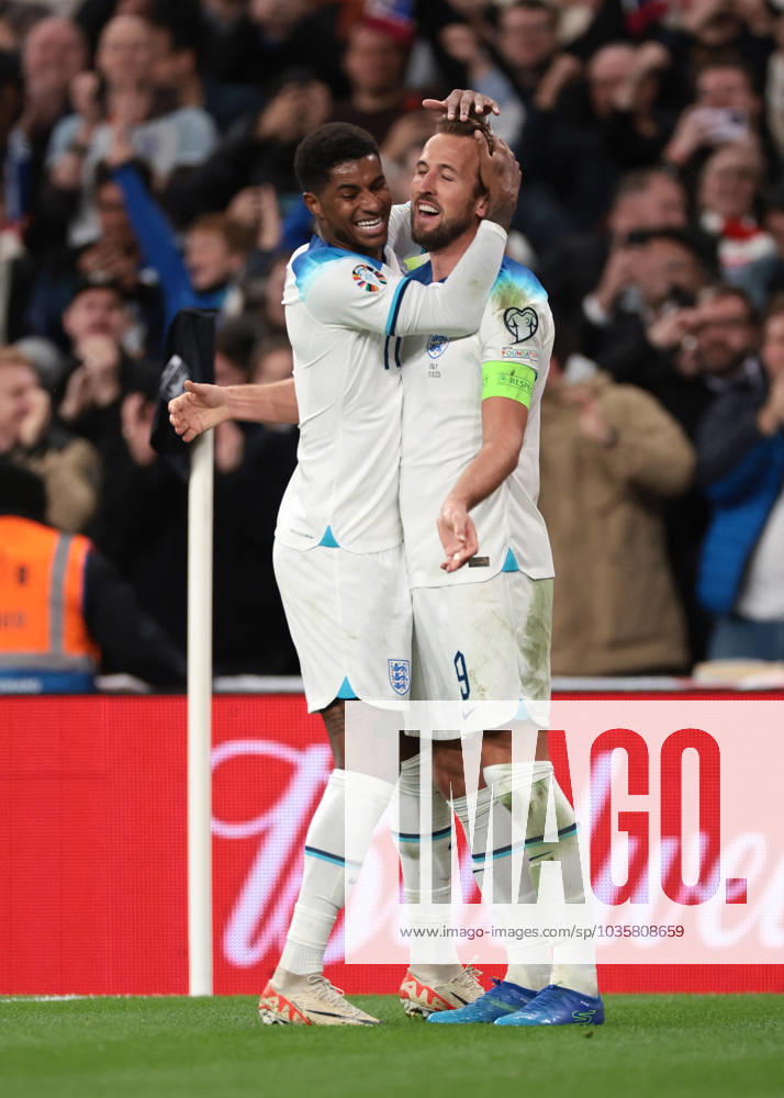 London, England, 17th October 2023. Harry Kane of England celebrates with team mate Marcus Rashford after scoring to give the side a 3-1 lead the UEFA European Championship, EM, Europameisterschaft Qualifying match at Wembley Stadium, London. Picture credit should read: Jonathan Moscrop Sportimage . SPI-2650-0038